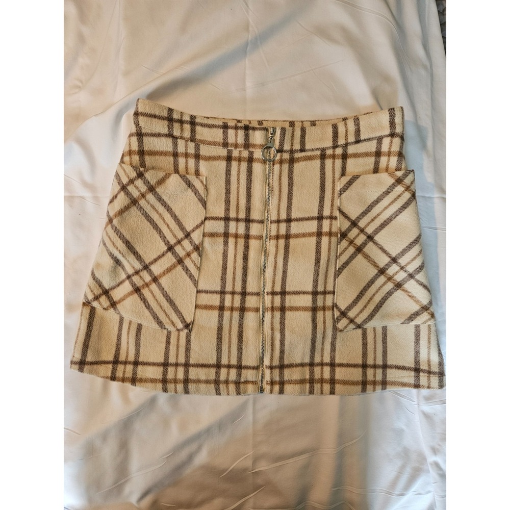 Plaid Mini Skirt Ivory Camel Wool Blend High Waist Hyfve Womens L Preppy Academi